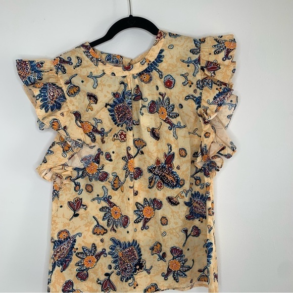 Elie Tahari Floral Ruffle Sleeve Blouse - Cream and Navy - Picture 3 of 11